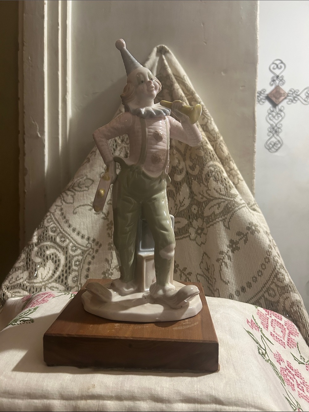 Porcelain Clown Figurine in Pink and Green - Classic Home Art
